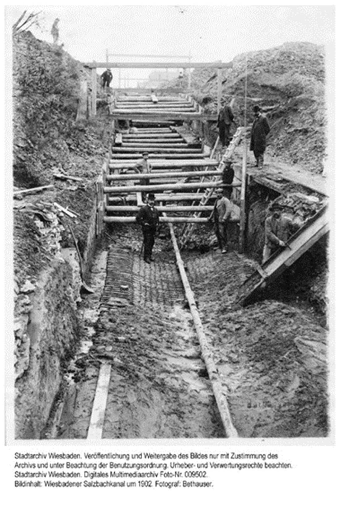 Auf der Schwarz-Weiß-Fotografie, etwa aus dem Jahr 1902, sind Arbeiter zu sehen, die runde Hölzer horizontal in die Erde bringen. Sie errichten den Salzbachkanal.