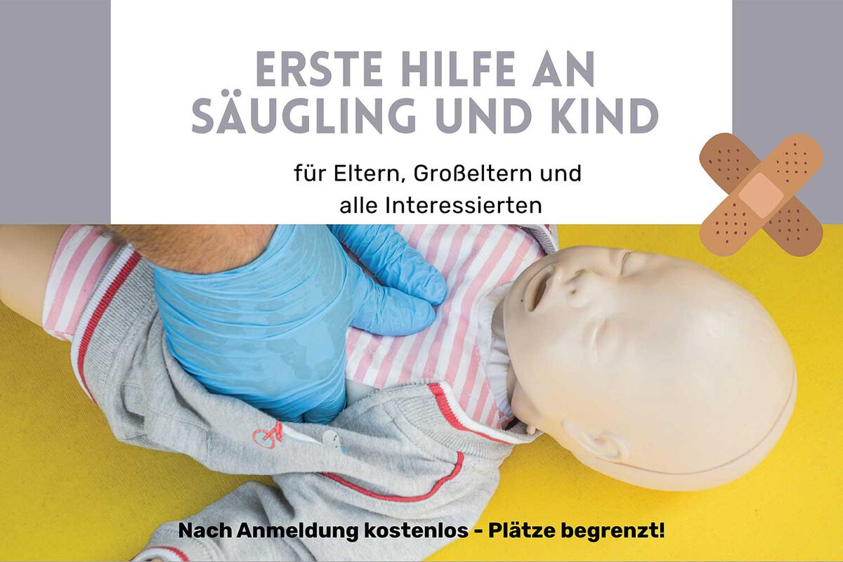 Teilnehmende lernen im Erste-Hilfe-Kurs des Quartiersmanagements Ost, wie sie im Notfall richtig reagieren – Sicherheit für die Kleinsten in Eschweiler. - Veranstalter
