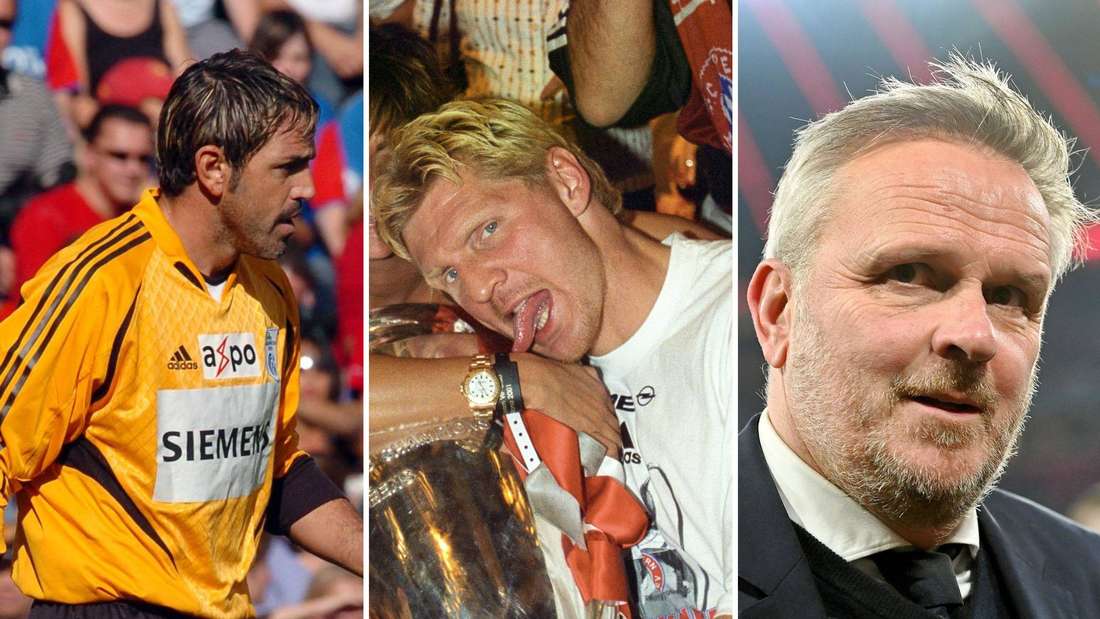 Collage mit Marco Ambrosio im Trikot der Grasshoppers Zürich, Stefan Effenberg einen Pokal leckend und Dietmar Hamann.