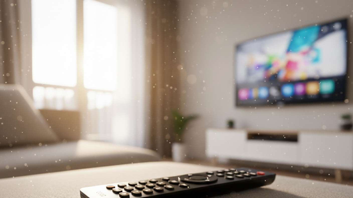 Eine Fernbedienung liegt auf einer Couch. Im Hintergrund ist ein Smart-TV zu sehen.