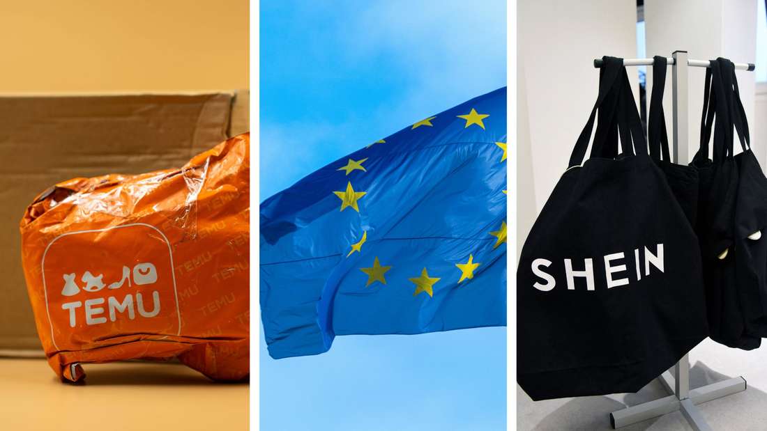 Collage aus Temu-Pakt, EU-Fahne und Shein-Beutel