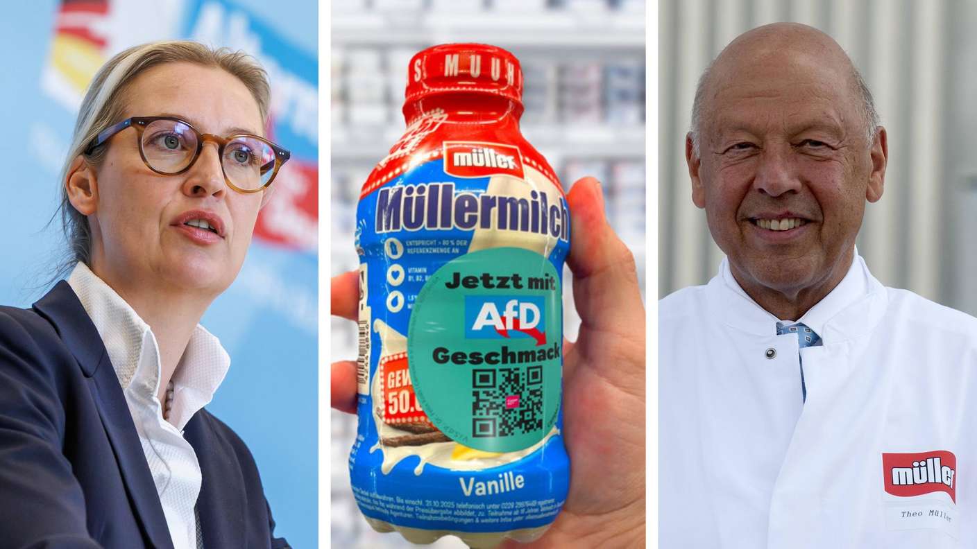 Aktivisten bekleben Müller-Milch-Produkte wegen der Kontakte des Unternehmers Theo Müller zu AfD-Chefin Alice Weidel mit diesen Aufklebern.