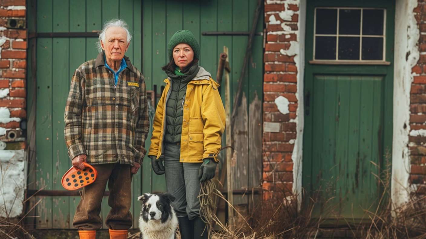 Älterer Landwirt mit Tochter auf Hof vor grüner Eingangstür mit Hund und Gummistiefel.