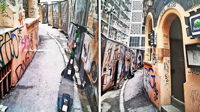 Der Baustellenzaun für das Projekt Vier Giebel rückt den Häusern und Bars im Ausgehviertel der Geißstraße immer näher. Rechts: d