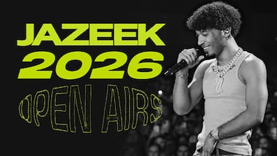 Werbebild für 'Jazeek 2026 Open Airs' mit einem Schwarz-Weiß-Foto des Künstlers Jazeek beim Singen und leuchtend grünem Text.