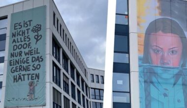 Plakat im Indupark Dortmund: Kleiner Junge malt Botschaft