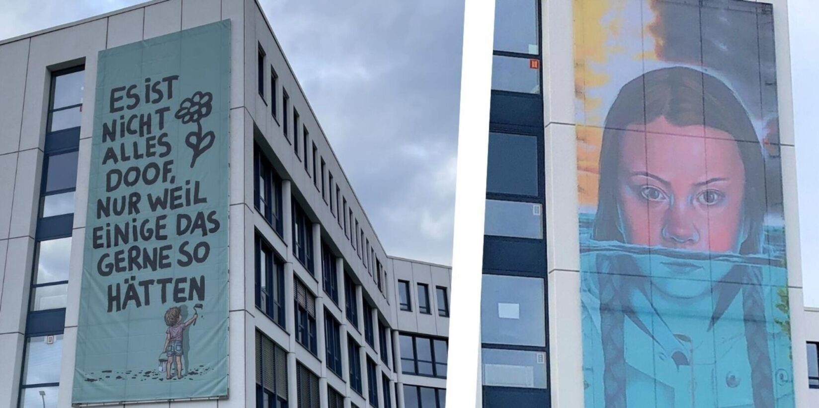 Plakat im Indupark Dortmund: Kleiner Junge malt Botschaft