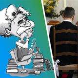 Hochzeitspaar sitzt auf Stühlen vorm Altar.