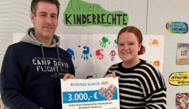 3000 Euro vom Medienhaus-Lensing-Bildungswerk: Scheck für evangelischen Kindergarten