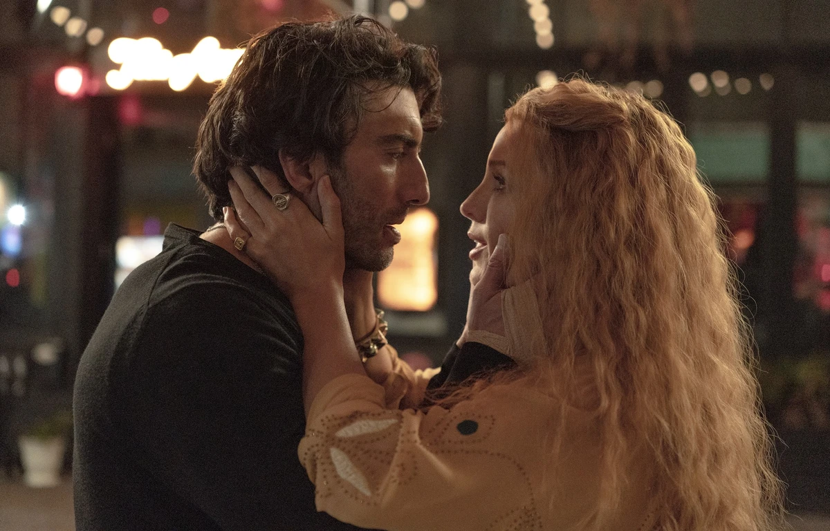 This image released by Sony Pictures shows Justin Baldoni, left, and Blake Lively in a scene from "It Ends With Us." (Nicole Rivelli/Sony Pictures via AP)