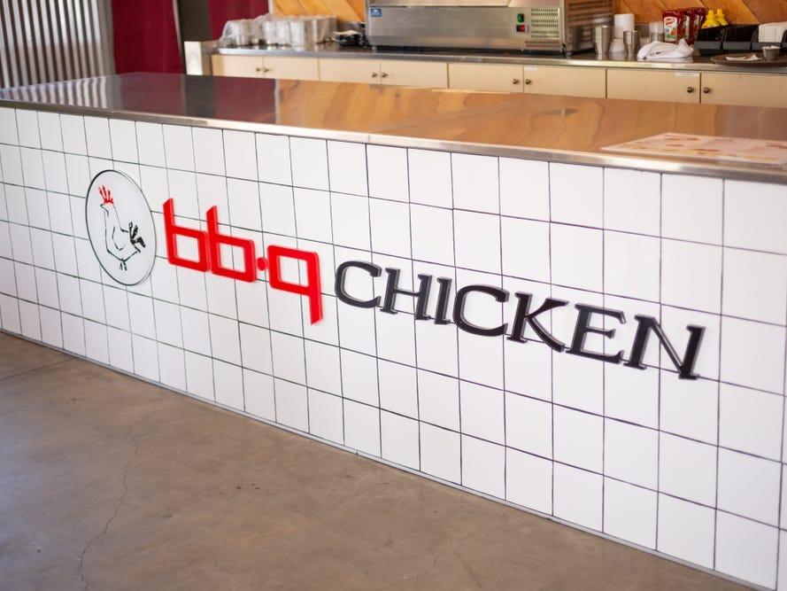 bb.q chicken sign inside a restaurant