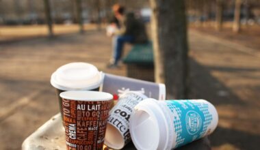 Mehrere Einwegbecher auf einem überfüllten Mülleimer.