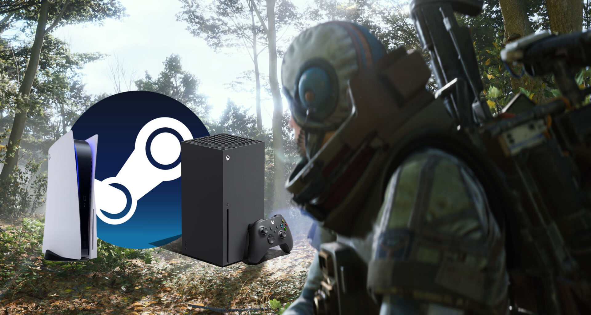 Arc Raiders mit Crossplay: Sci-Fi-Shooter zeigt Kämpfer im Wald, unterstützt Steam, PS5 und Xbox Series X für plattformübergreifendes Spielen.