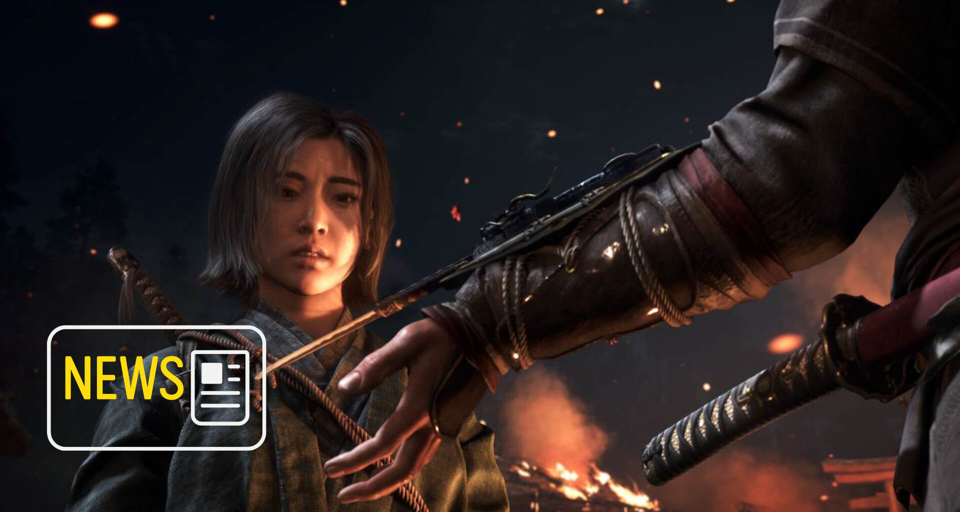 Eine Shinobi schaut einem Mann mit Waffe auf die Hand.