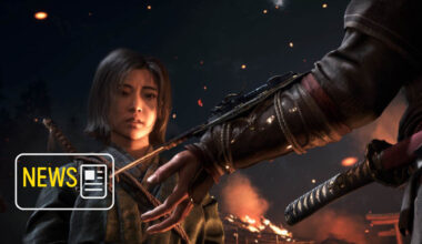 Eine Shinobi schaut einem Mann mit Waffe auf die Hand.