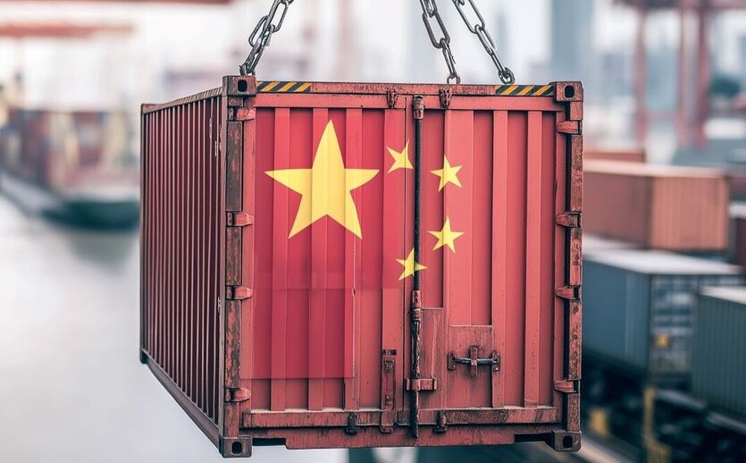 Chinesische Zölle auf bestimmte EU-Produkte: Container mit chinesischen Sternen am Haken.