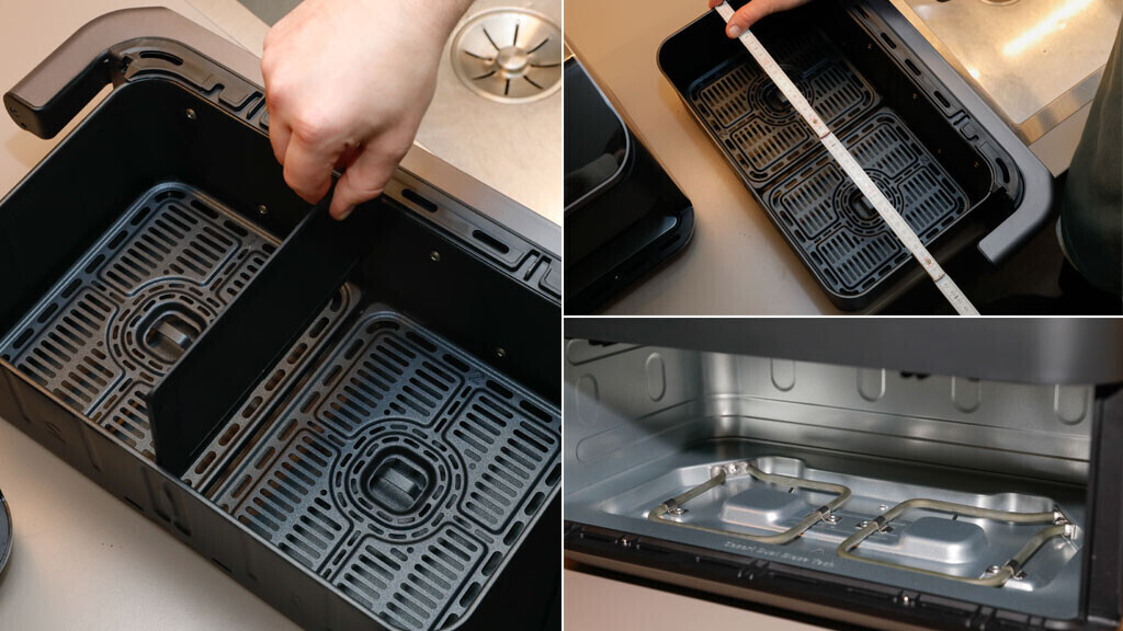 Beim Cosori Twinfry kann die Trennwand der Garschublade schnell eingesetzt oder herausgenommen werden. Der Garkorb ist rund achtunddreißig Zentimeter lang. Oben und unten sorgen je zwei Heizelemente für die Hitzeverteilung.