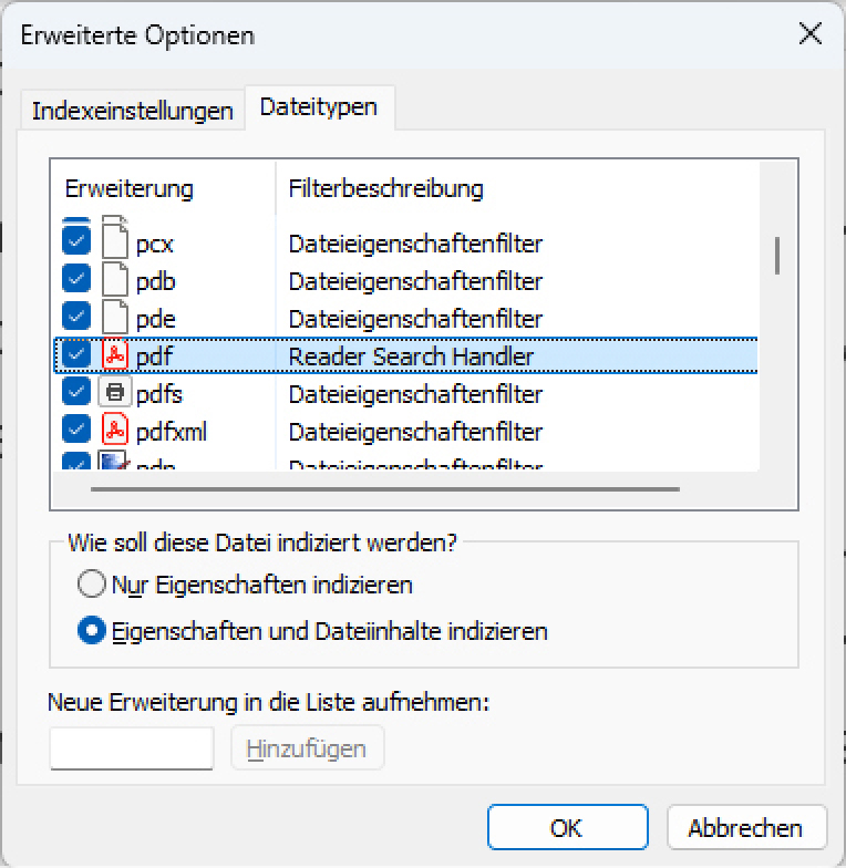 Indizierungsoptionen von Window