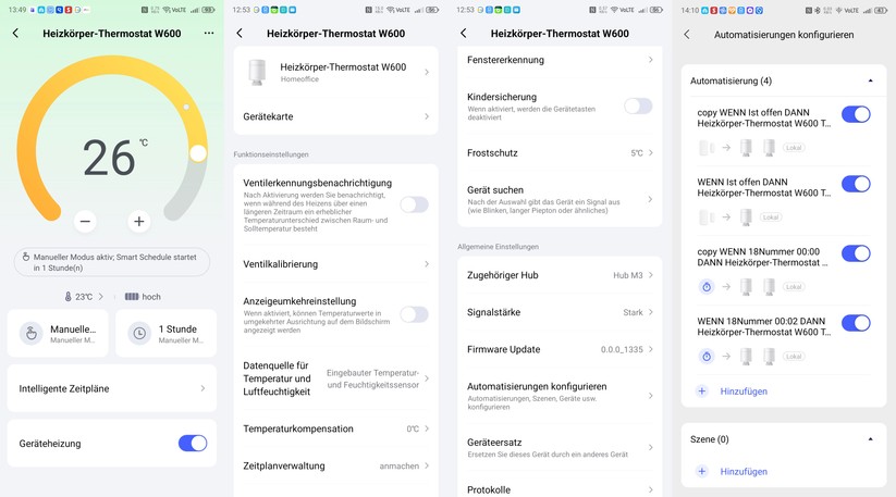 Das Aqara W600 bietet in der App eine Grundintegration für Tür-/Fenstersensoren, unterbricht die Heizung bei geöffnetem Fenster jedoch standardmäßig nur für 30 Minuten. Diese Zeitspanne lässt sich über Automatisierungen flexibel anpassen. Auch die manuelle Ventilkalibrierung – ein wichtiges Mittel gegen Verkalkung in der Sommerpause – kann mithilfe von Automatisierungen vollständig zeitgesteuert und regelmäßig (z. B. monatlich) erfolgen.