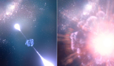 Eine zweigeteilte wissenschaftliche Abbildung zeigt ein astronomisches Ereignis. Links ist eine Galaxie mit einem hellen, strahlenden Jet zu sehen, der von einem zentralen Punkt ausgeht. Rechts wird eine Explosion dargestellt, die eine intensive Lichtblitz und expandierende Materie zeigt. Die Bilder veranschaulichen die Dynamik und Energie eines kosmischen Phänomens im Weltraum. Schlüsselwörter: Galaxie, Jet, Explosion, kosmisches Ereignis.