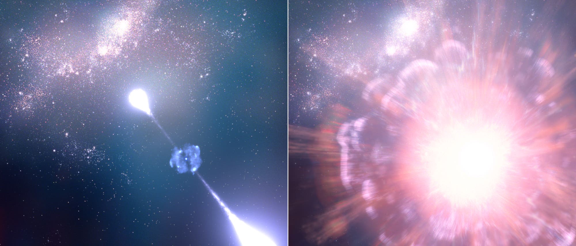 Eine zweigeteilte wissenschaftliche Abbildung zeigt ein astronomisches Ereignis. Links ist eine Galaxie mit einem hellen, strahlenden Jet zu sehen, der von einem zentralen Punkt ausgeht. Rechts wird eine Explosion dargestellt, die eine intensive Lichtblitz und expandierende Materie zeigt. Die Bilder veranschaulichen die Dynamik und Energie eines kosmischen Phänomens im Weltraum. Schlüsselwörter: Galaxie, Jet, Explosion, kosmisches Ereignis.