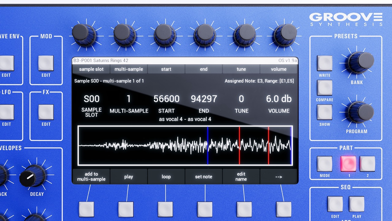 Das große 7-Zoll-Farbdisplay mit Touch-Encoder zeigt hier die Sample-Editieransicht – perfekt zum Loopen, Trimmen und Multisamplen.