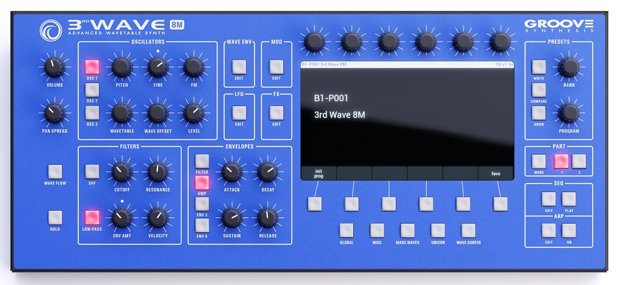 Alle Funktionen auf einen Blick: Drei Oszillatoren, Modulation, WaveShaper, Arpeggiator, Sequencer, Effekte und das zentrale Display – durchdacht und zugänglich.