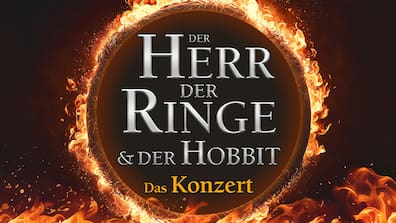 Logo des Konzertes 'Der Herr der Ringe & Der Hobbit' mit dem Schriftzug in einem lodernden Feuerkreis.