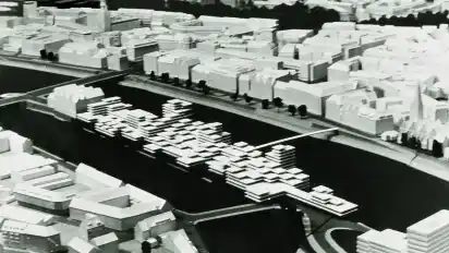 Der Teerhof als verdichtete Terrassenhausanlage. Alternativentwurf der Planungsgruppe Nord von 1966.