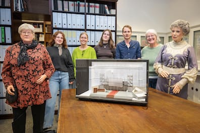 v.l.: Silke Reyer (Wachsfigur, ehem. Stadtpräsidentin), Eliza Krusemark, Sarah Müller, Finja Heuer, Simon Hansen, Monika Römer-Jacobs, Rosemarie Kilian (Wachsfigur, Mitgründerin Theatermuseum Kiel und ehem. Schauspielerin). Auf dem Tisch steht das Modell der ersten Kieler Sommeroper 'Tosca'.