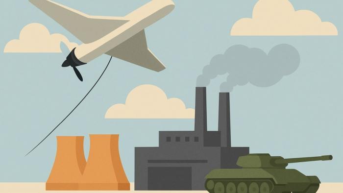 KI-generierte Grafik zeigt eine Drohne im Himmel, eine Rüstungsfabrik mit Schloten und einen Panzer. Der Stil ist comichaft.