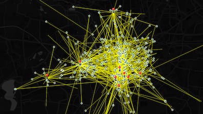 Auswertung für die Data Science Challenge: Viele Lastenrad-Touren (gelb) endeten während des Pilotprojekts in Leipzig an anderen Orten (grün) als an den vorgesehenen Abgabestellen (rot). Die falsch abgestellten Transporträder wieder richtig zu sortieren, kostete Zeit und Geld.