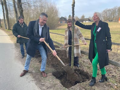 60 Jahre, 60 Bäume: Unter diesem Motto startete die erste Baumpflanzung im Freilichtmuseum Molfsee. Utz Schliesky, Vorsitzender im Förderverein, und Museumsdirektorin Kerstin Poehls schaufelten, während Imke Lüders die Linde festhielt. Am Ende des Jubiläumsjahres war es geschafft: 60 neue Bäume wurden gepflanzt.