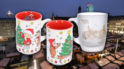 So sehen die Tassen des Leipziger Weihnachtsmarktes 2025 aus.