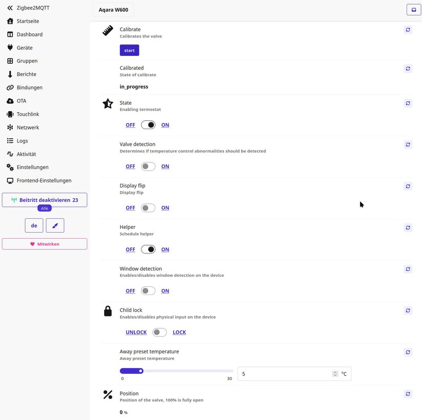 Die Integration des Aqara W600 in Home Assistant via Zigbee2MQTT bietet einen erweiterten Funktionsumfang gegenüber der Aqara-App. Ein deutlicher Mehrwert ist die Möglichkeit, die aktuelle Ventilposition abzurufen.