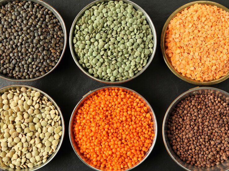 Verschiedene Sorten von Linsen in verschiedenen Schüsseln. | © Getty Images/ fotokris via Canva.com