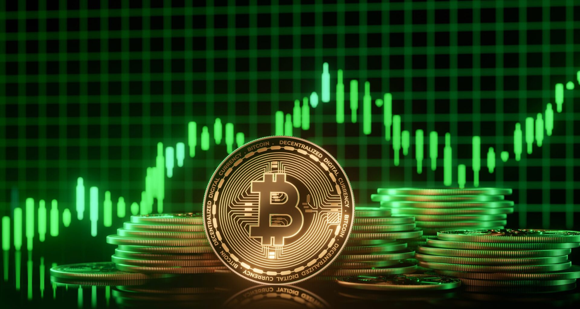 Eine Bitcoin-Münze vor einem Chart mit steigenden Kursen