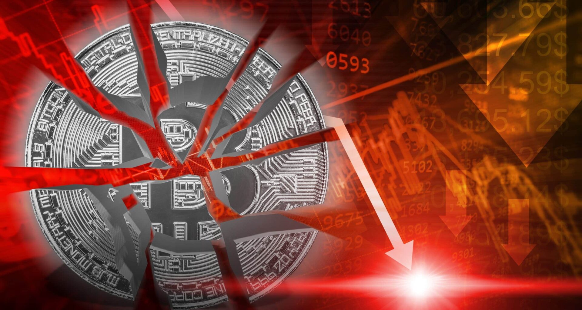 Zerbrochene Bitcoin-Münze vor rotem Hintergrund