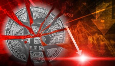 Zerbrochene Bitcoin-Münze vor rotem Hintergrund