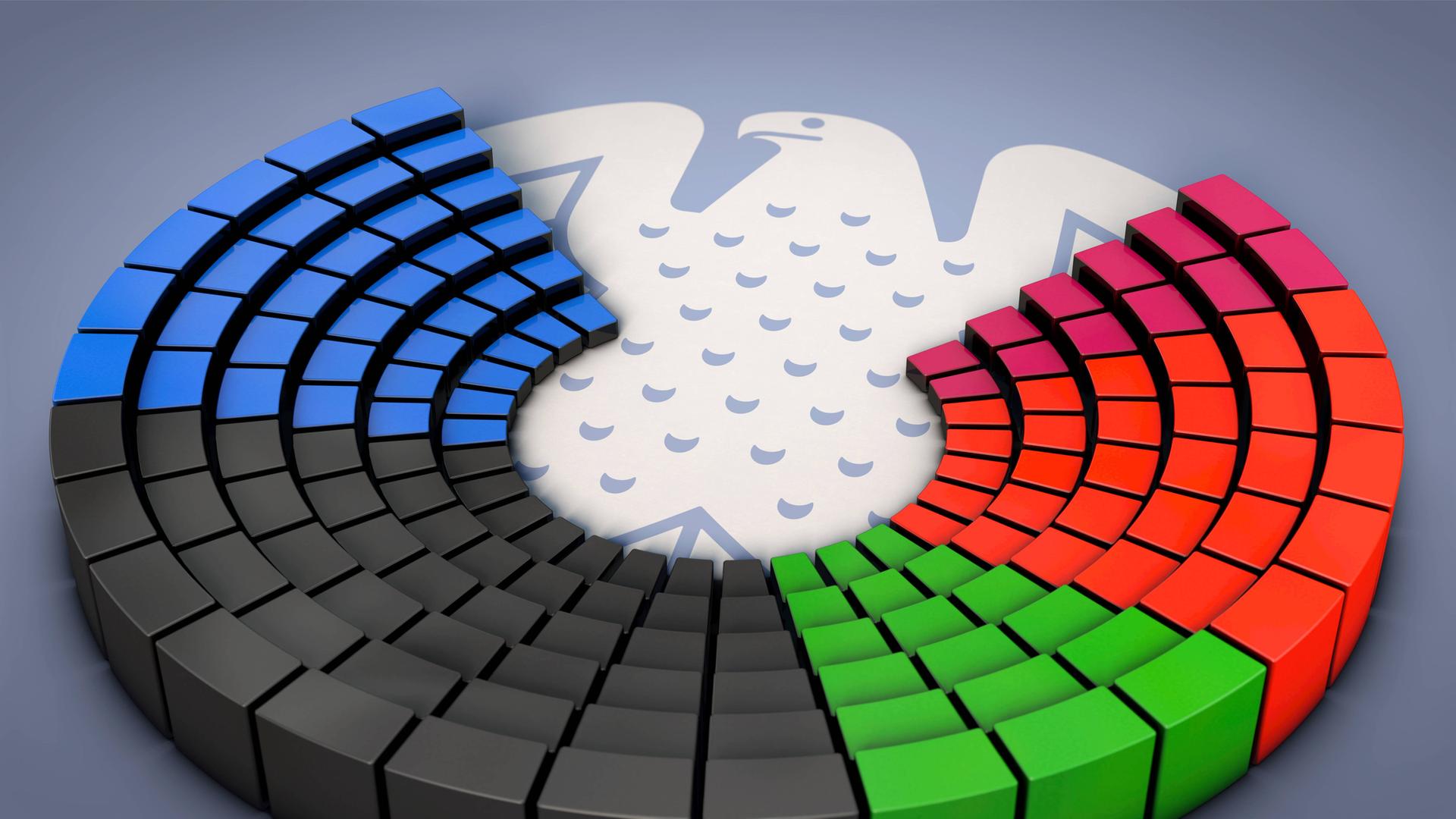 Zu sehen ist eine Grafik, die die Sitzverteilung im Bundestag nach der Bundestagswahl 2025 zeigt.