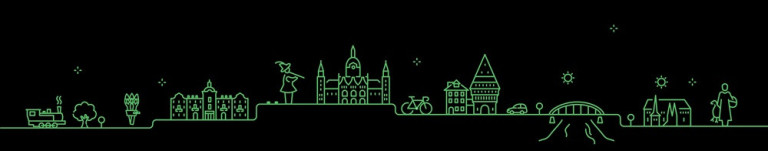 Collage IHK Hannover – Liniengrafik mit Fahrrad und Gebäuden Collage mit IHK Hannover, Fahrrad und Gebäuden als grüne Liniengrafik auf schwarzem Hintergrund