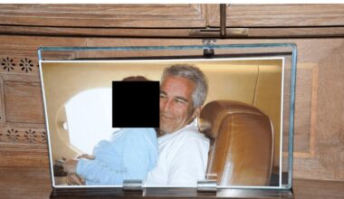 Jeffrey Epstein mit einer unkenntlichen Person auf dem Schoß