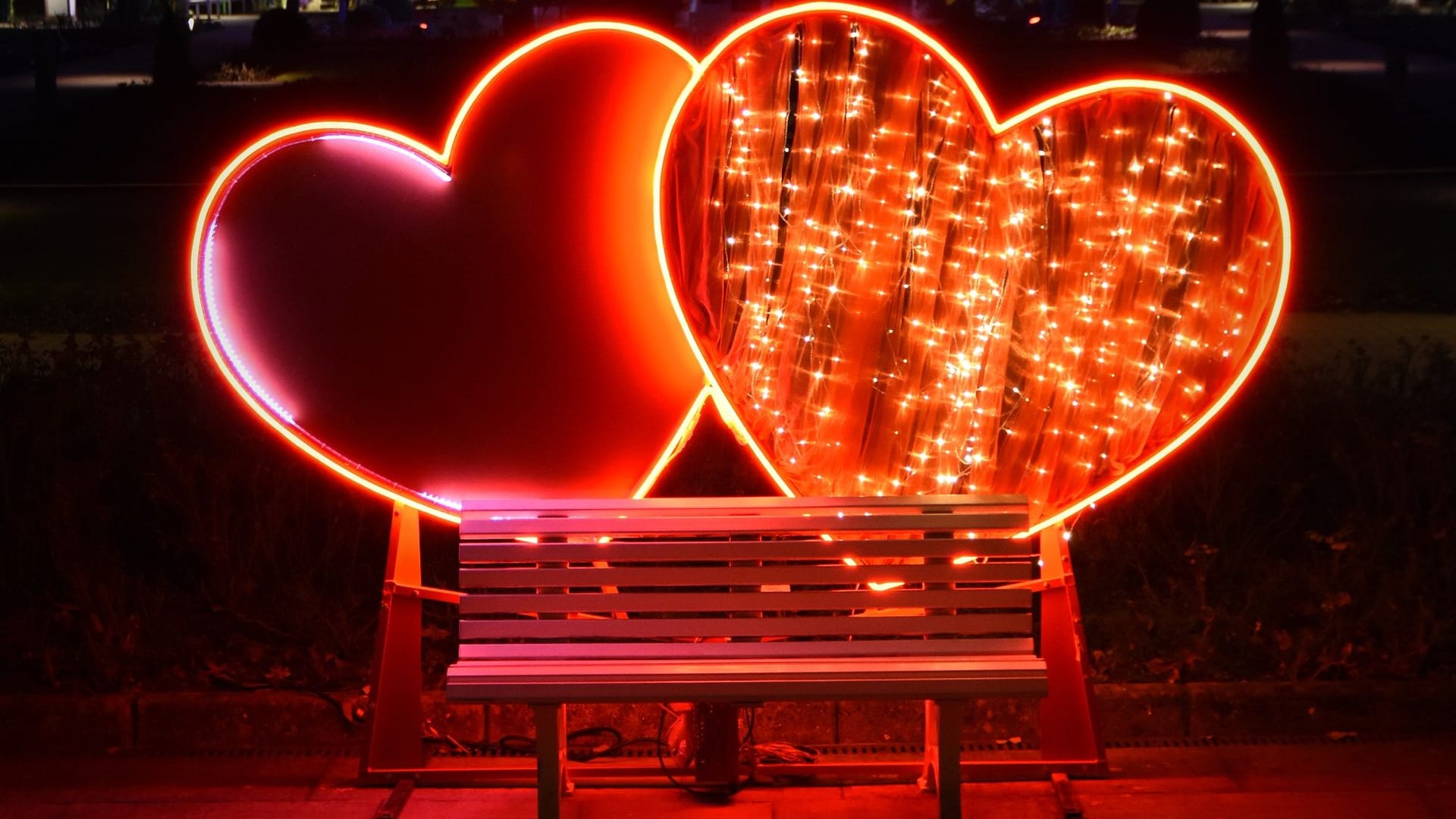 Die Bank steht schon bereit, das Selfiemotiv für Verliebte: Neues Lichtobjekt im Palmengarten bei den Winterlichtern.