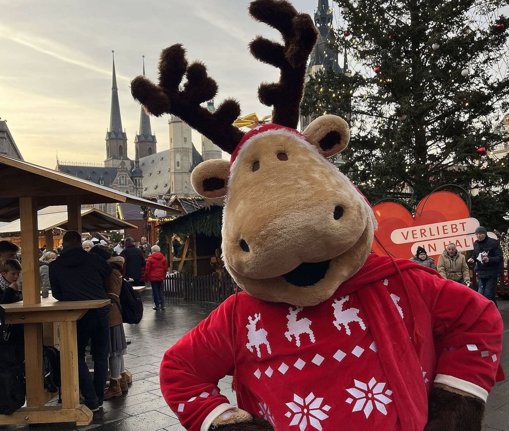 Rentier Rudi grüßt vom Weihnachtsmarkt in Halle. 