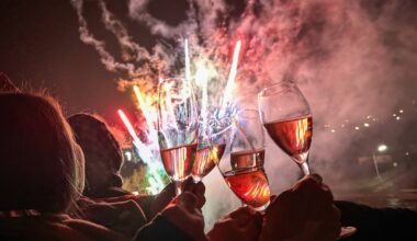 Ein Silvesterfeuerwerk im Hintergrund und klirrende Gläser, mit denen auf das neue Jahr angestoßen wird.