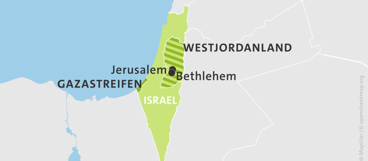 Die Karte zeigt Israel und das Westjordanland mit Bethlehem | ARD-aktuell Die Karte zeigt Israel und das Westjordanland mit Bethlehem