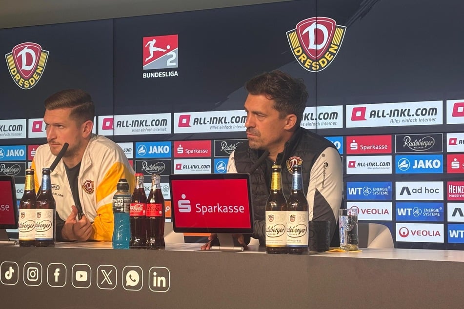 Thomas Stamm (r.) sprach am Donnerstag über die Personalsituation bei Dynamo.