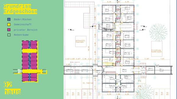 Der Grundriss für das Erdgeschoss in der Regensburger Straße 406. Die großen Gemeinschaftsküchen sollen Dreh- und Angelpunkte des Zusammenlebens werden.