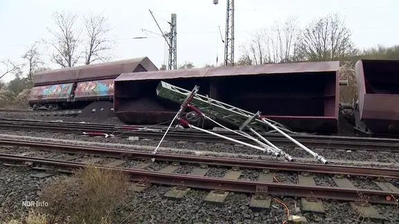 Ein abgerissener Strommast liegt auf den Gleisen.