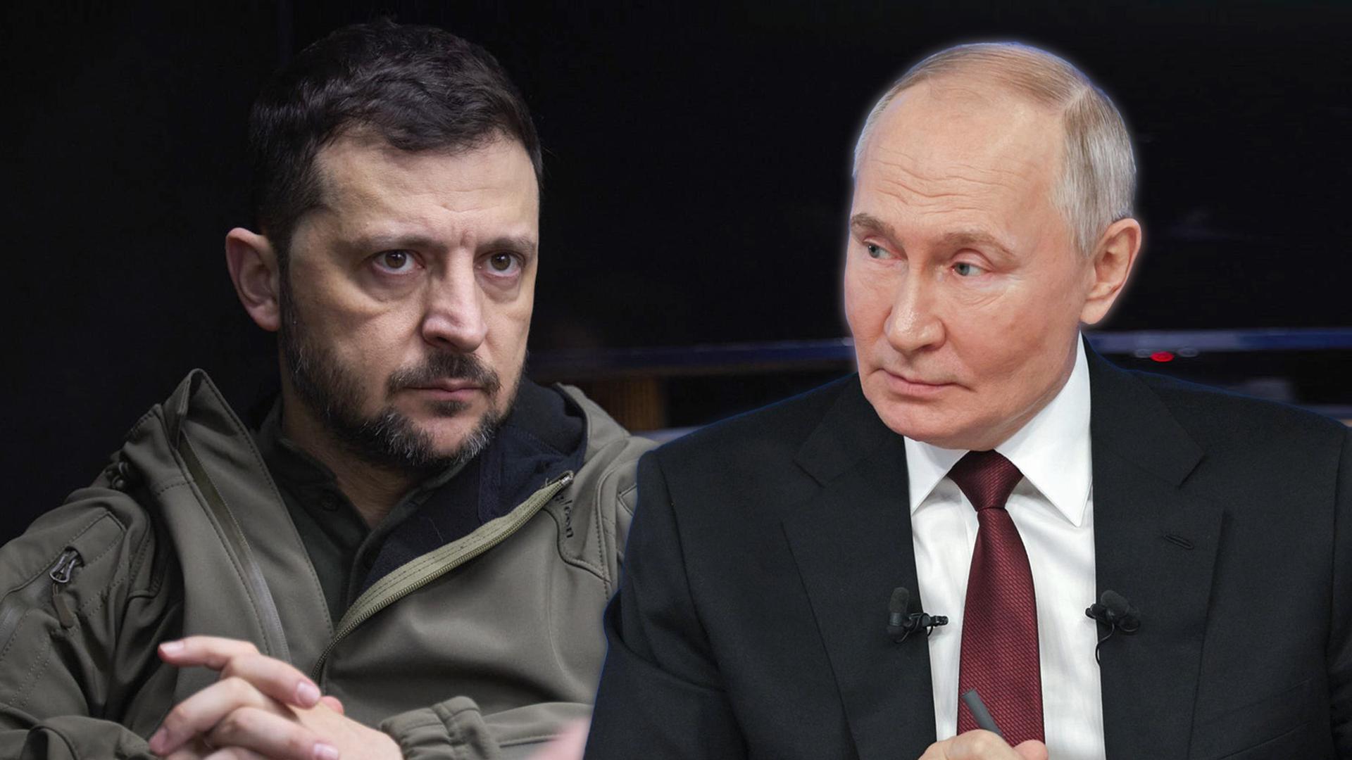 Das Bild zeigt Wolodymyr Selenskyj und Wladimir Putin nebeneinander in einer Fotomontage.